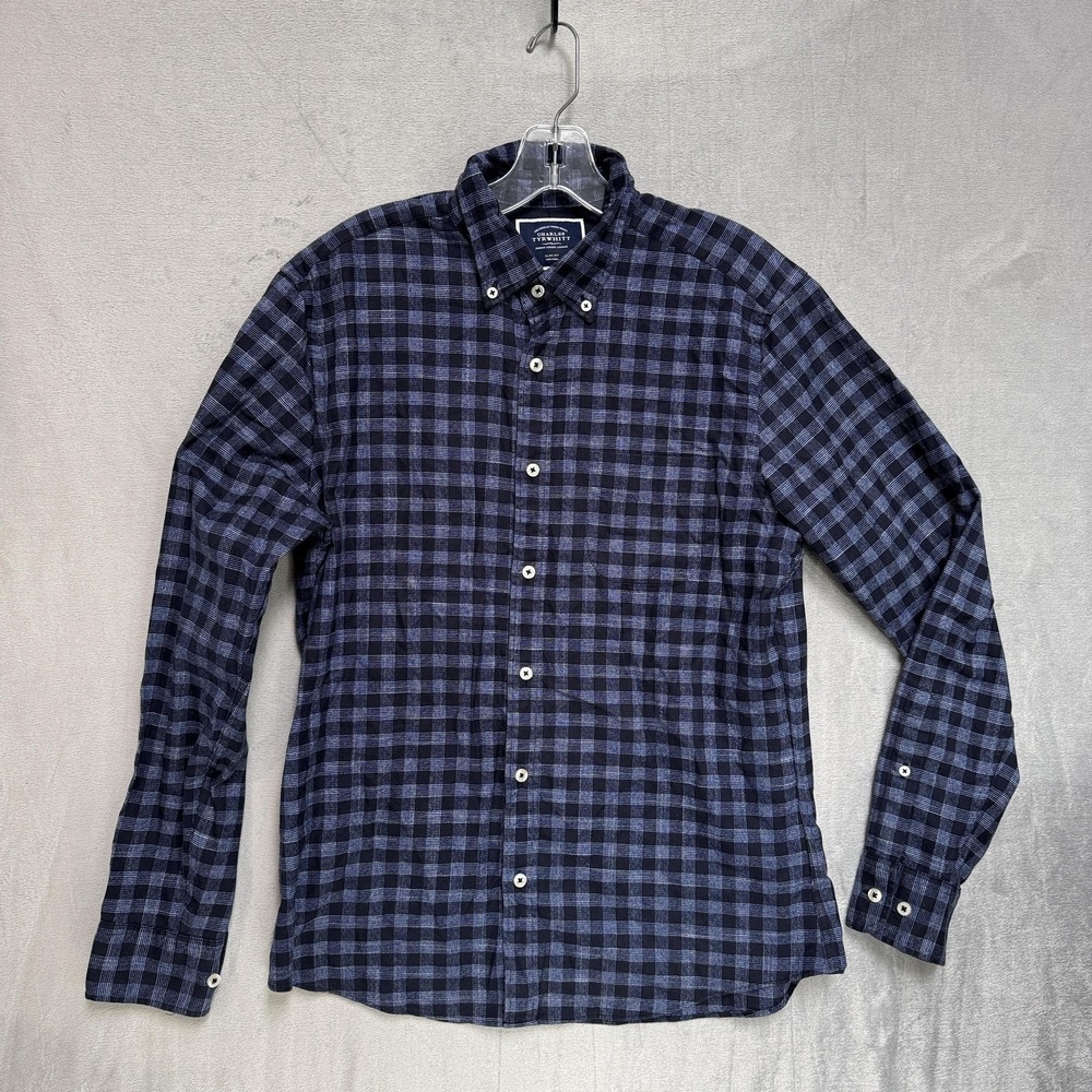 Charles Tyrwhitt Shirt Mens Medium Blue Check Slim‎ Fit Non Iron Button Down